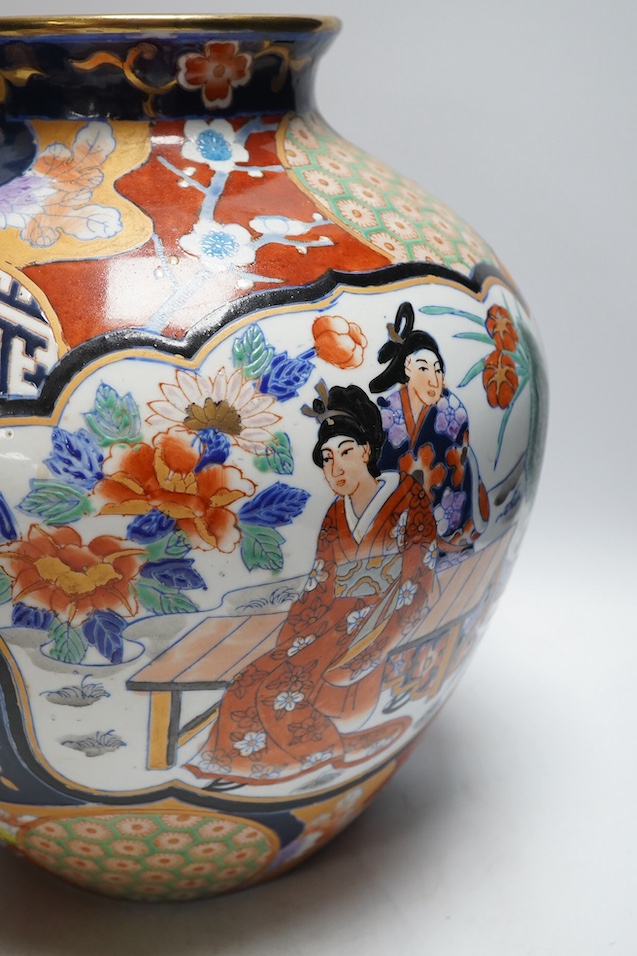 Japanese Kutani, Satsuma and Imari; four vases, a bowl, a pair of candlesticks and a pot (8). Condition - candle sticks damaged